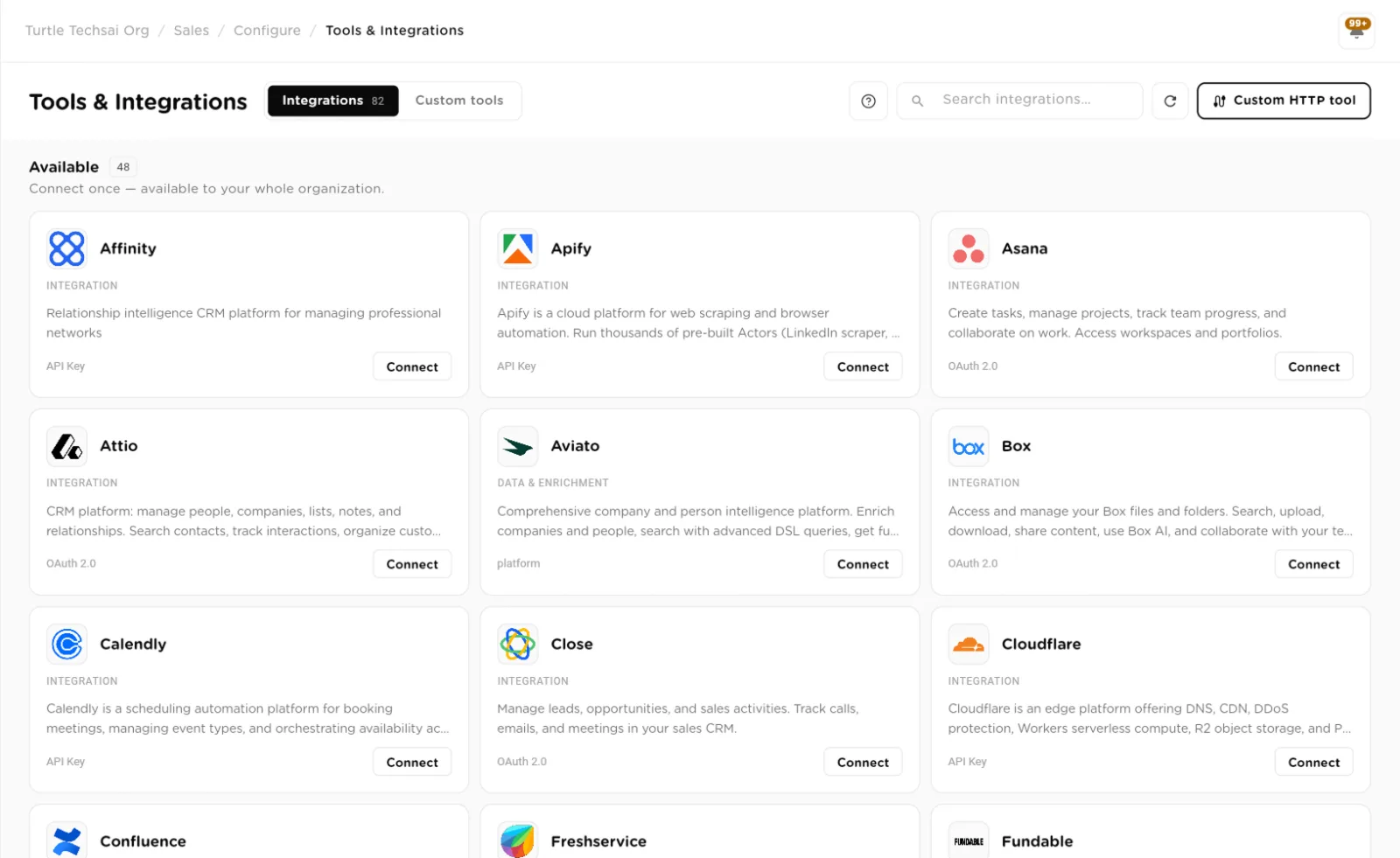 The Available section of Tools and Integrations, a grid of service cards each with a Connect button
