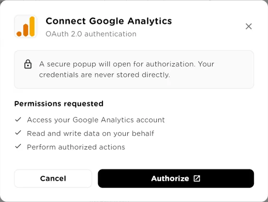 Connect Google Analytics dialog with the permissions requested and an Authorize button