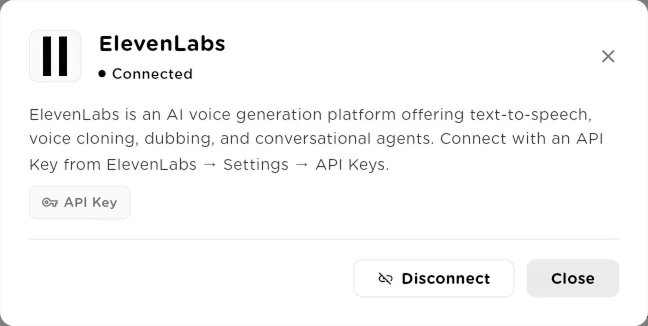Tool details dialog for a connected service with Disconnect and Close buttons