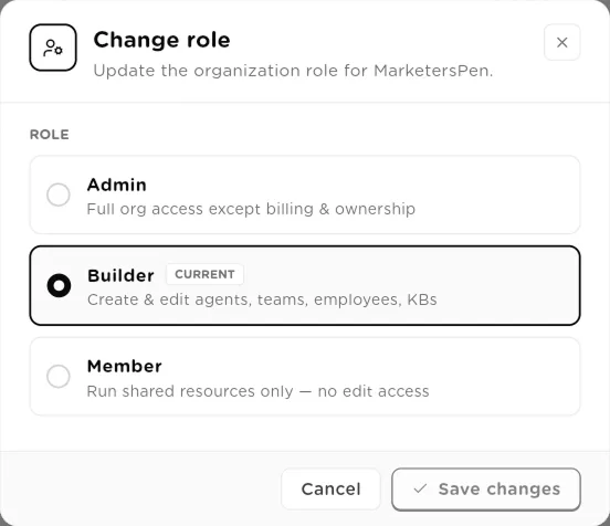 Change role dialog with Admin, Builder (current) and Member options