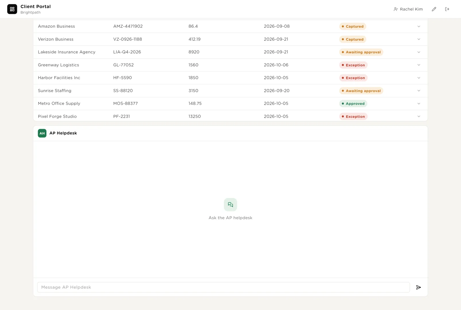The portal: payments and recent invoices