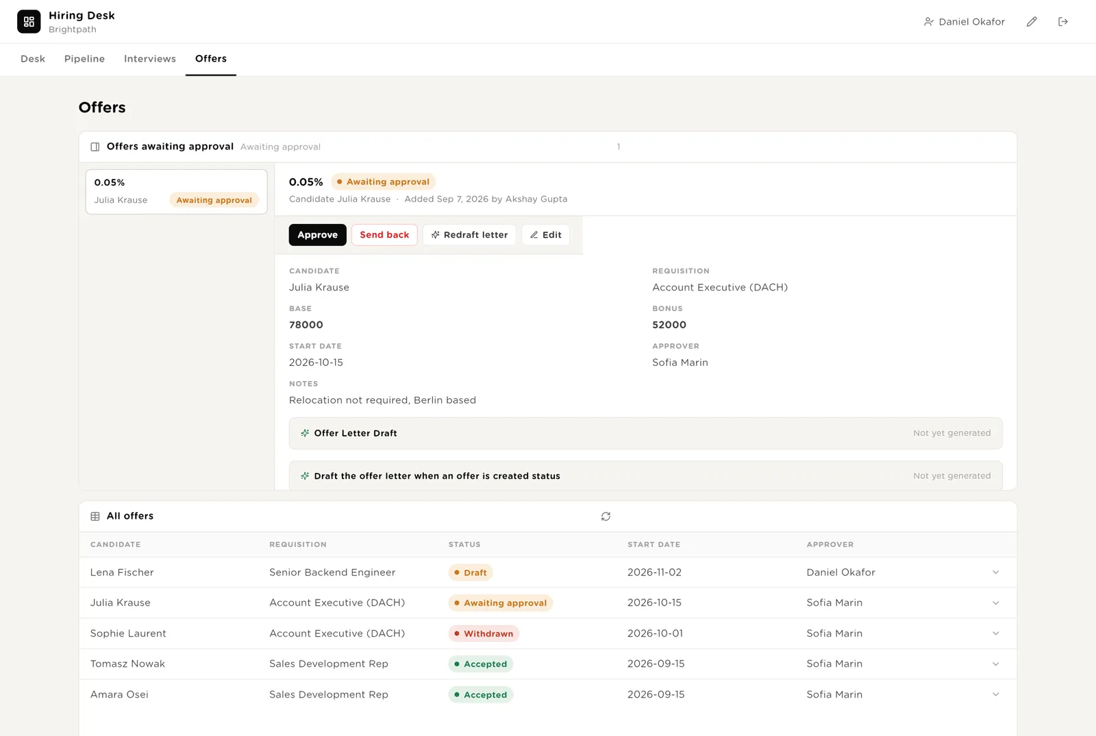 Offers: checked against the band, drafted, approved