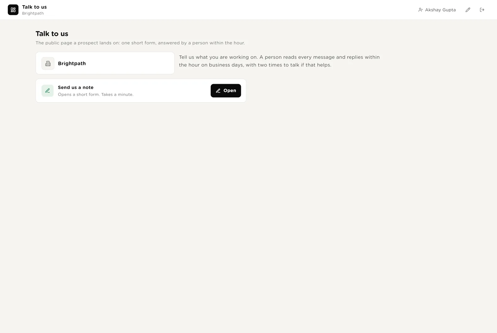 "Talk to us": the page a prospect lands on
