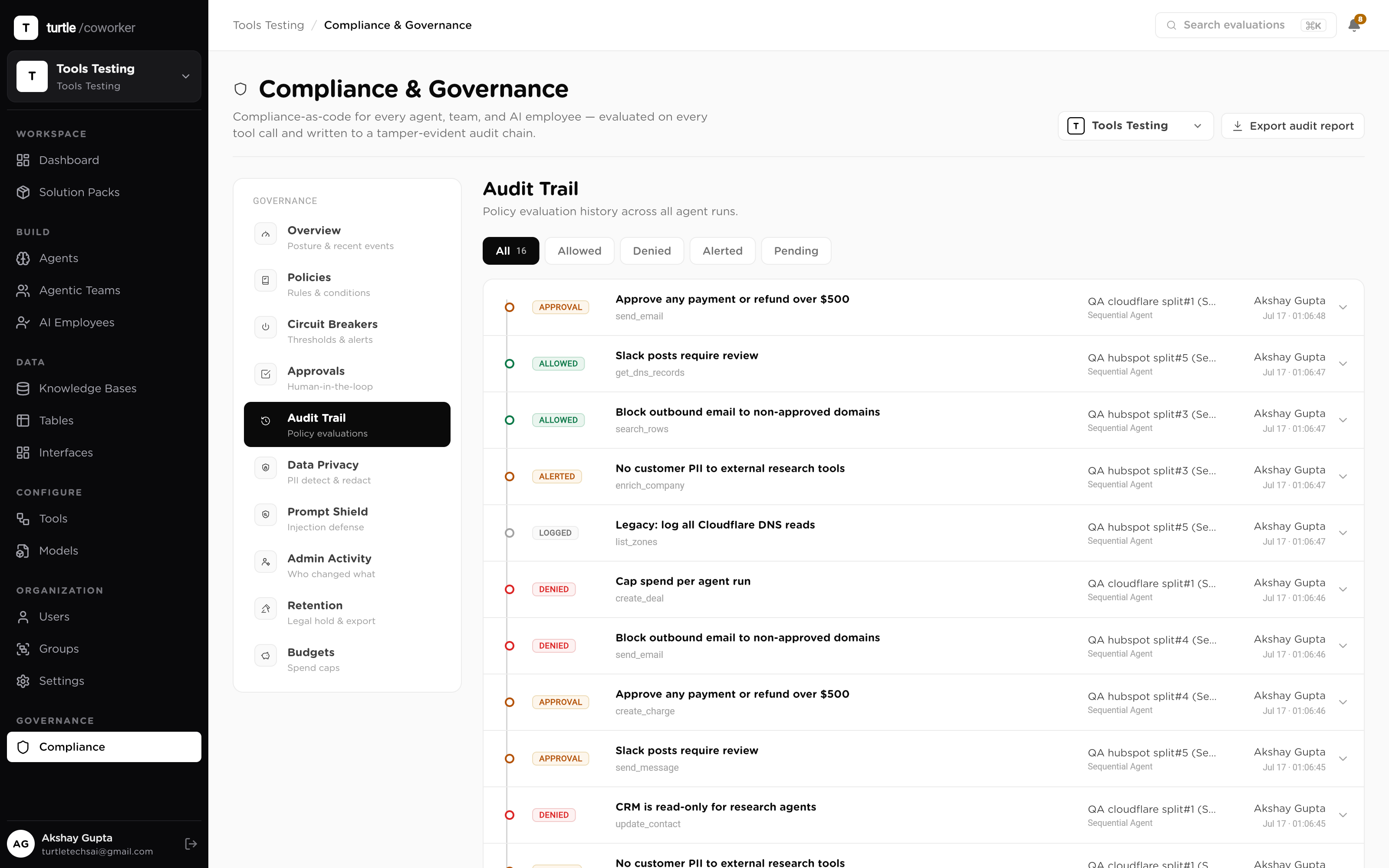 The audit trail: a run expanded to its per-tool-call records with sanitized inputs, PII flags and the pinned config version