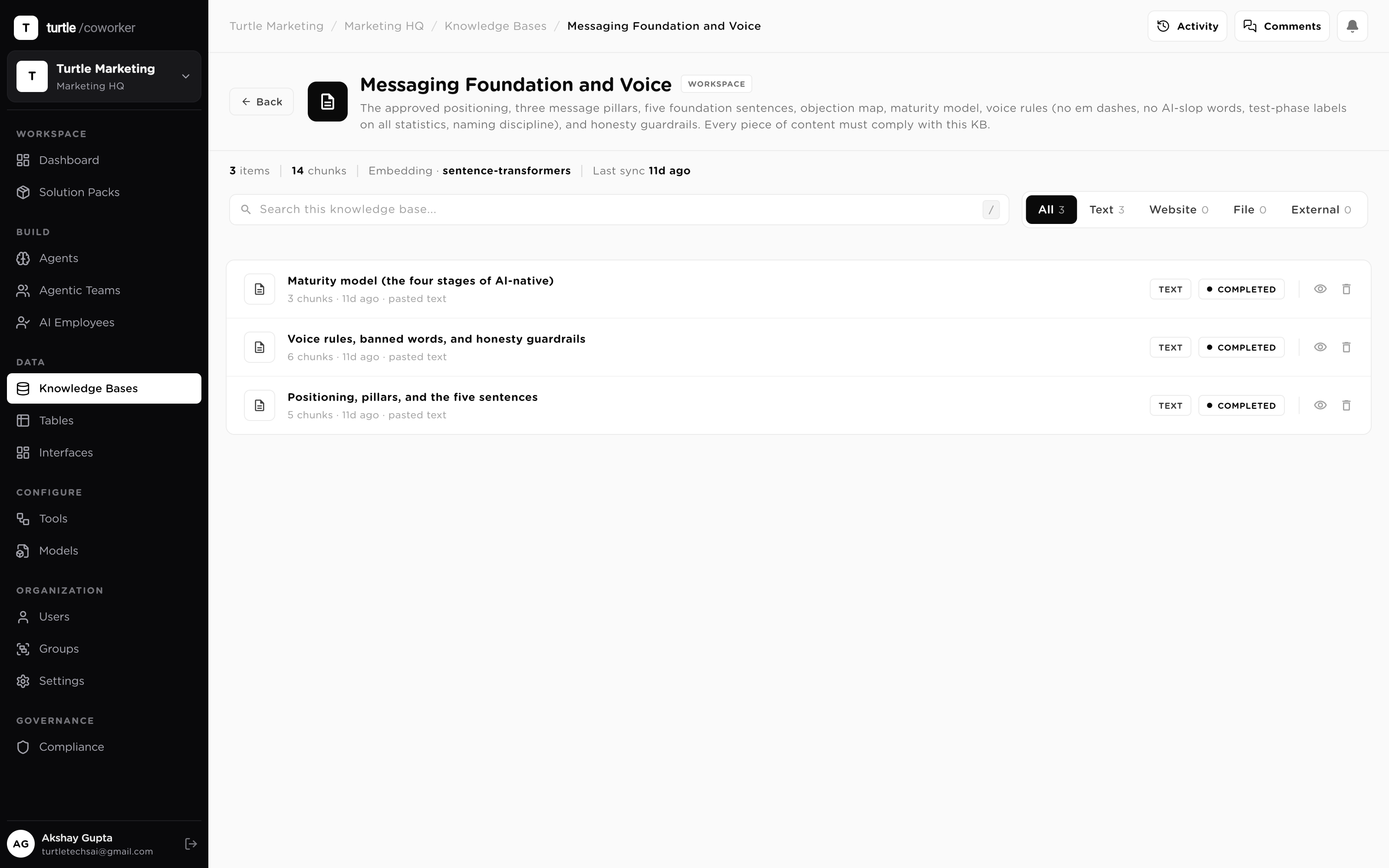 A knowledge base's source list: uploaded PDFs, a crawled site and a synced source, each with processing state and chunk count
