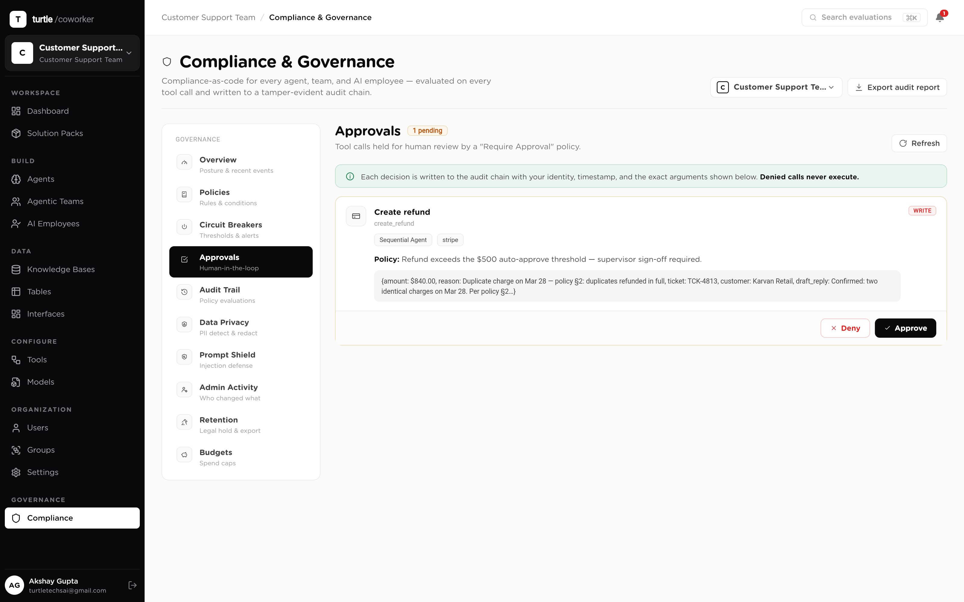 The approval queue with a held refund opened: the refund amount above threshold, the policy rule that held it, the cited draft reply beside it as evidence, and approve and deny controls