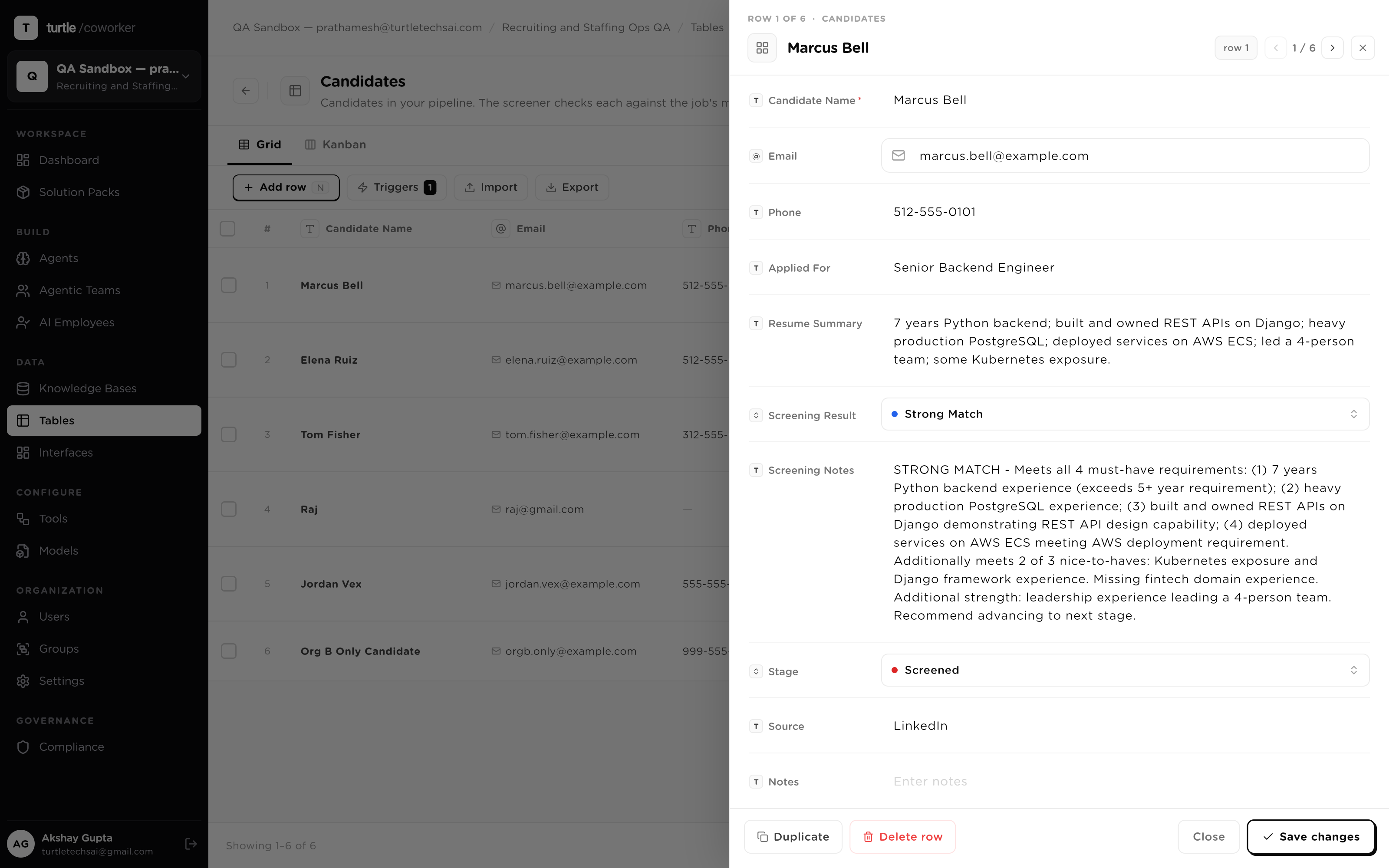 A candidate row's drawer: score and interview fields written by named agents, a status change by a recruiter, all interleaved in one attributed activity feed