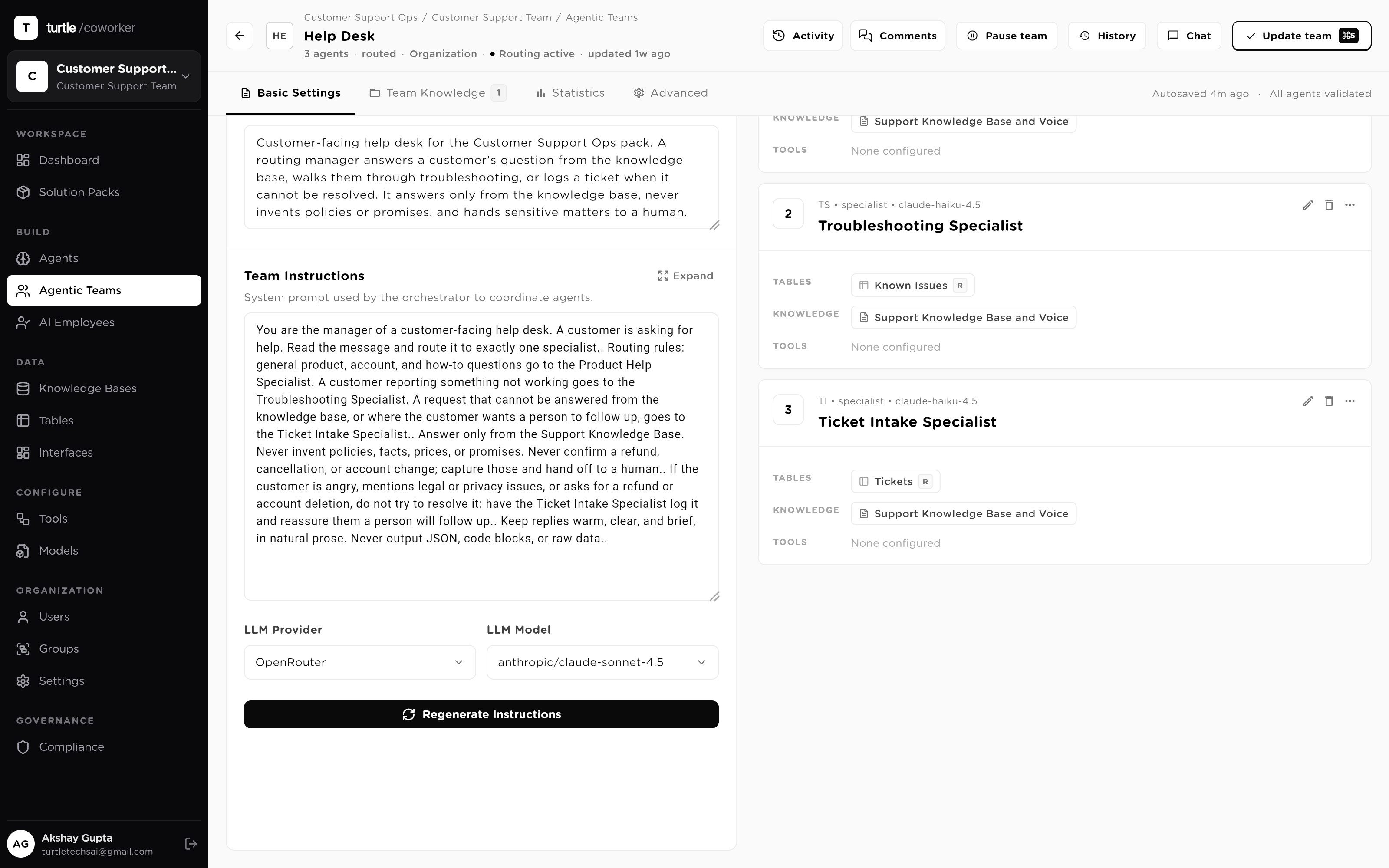 The team editor's instructions panel: the orchestrator routing prompt with one rule per specialist, and the generated execution plan shown alongside