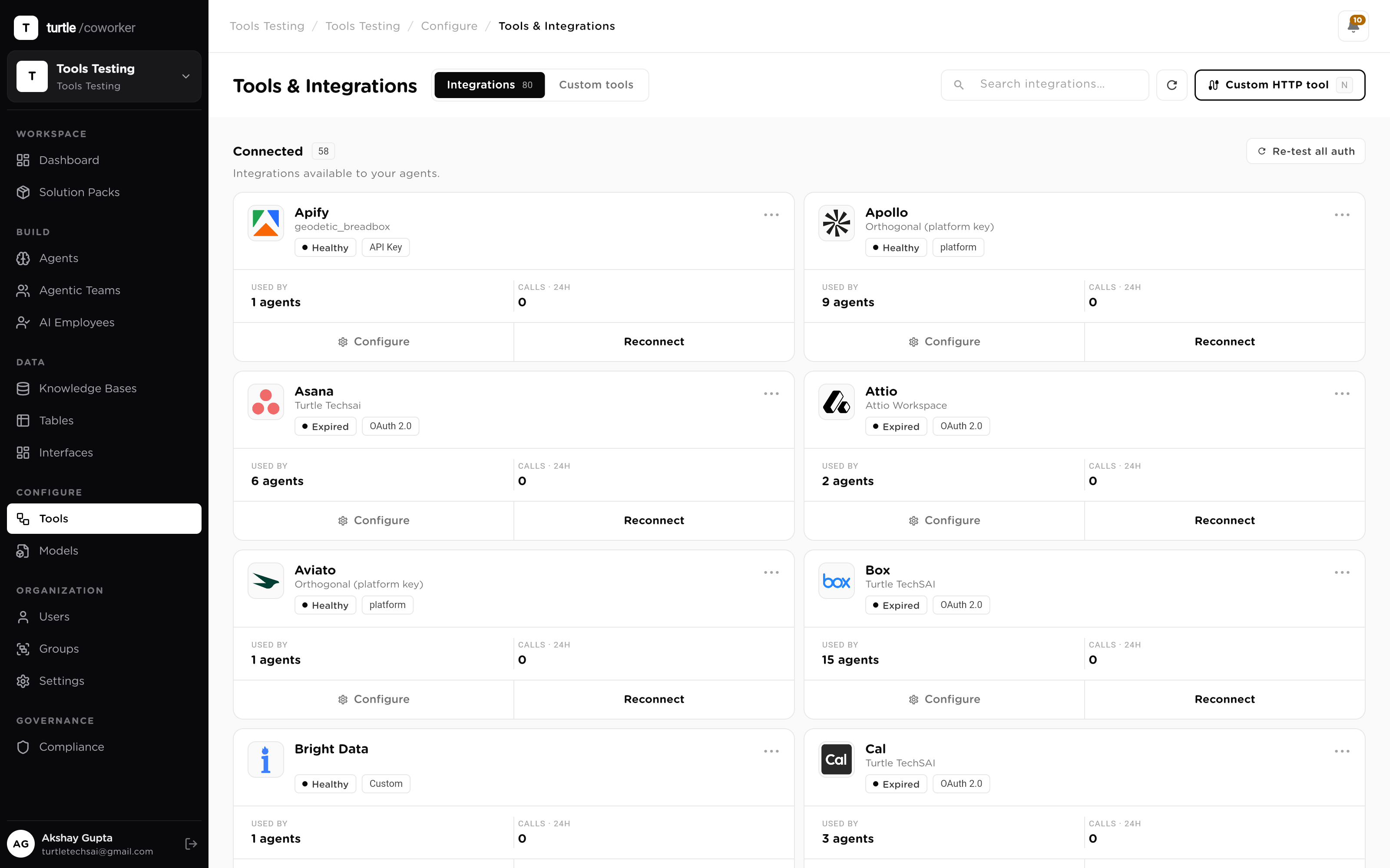 The Tools & Integrations page: Connected systems with health badges and usage stats on top, the Available library below with category rail and search