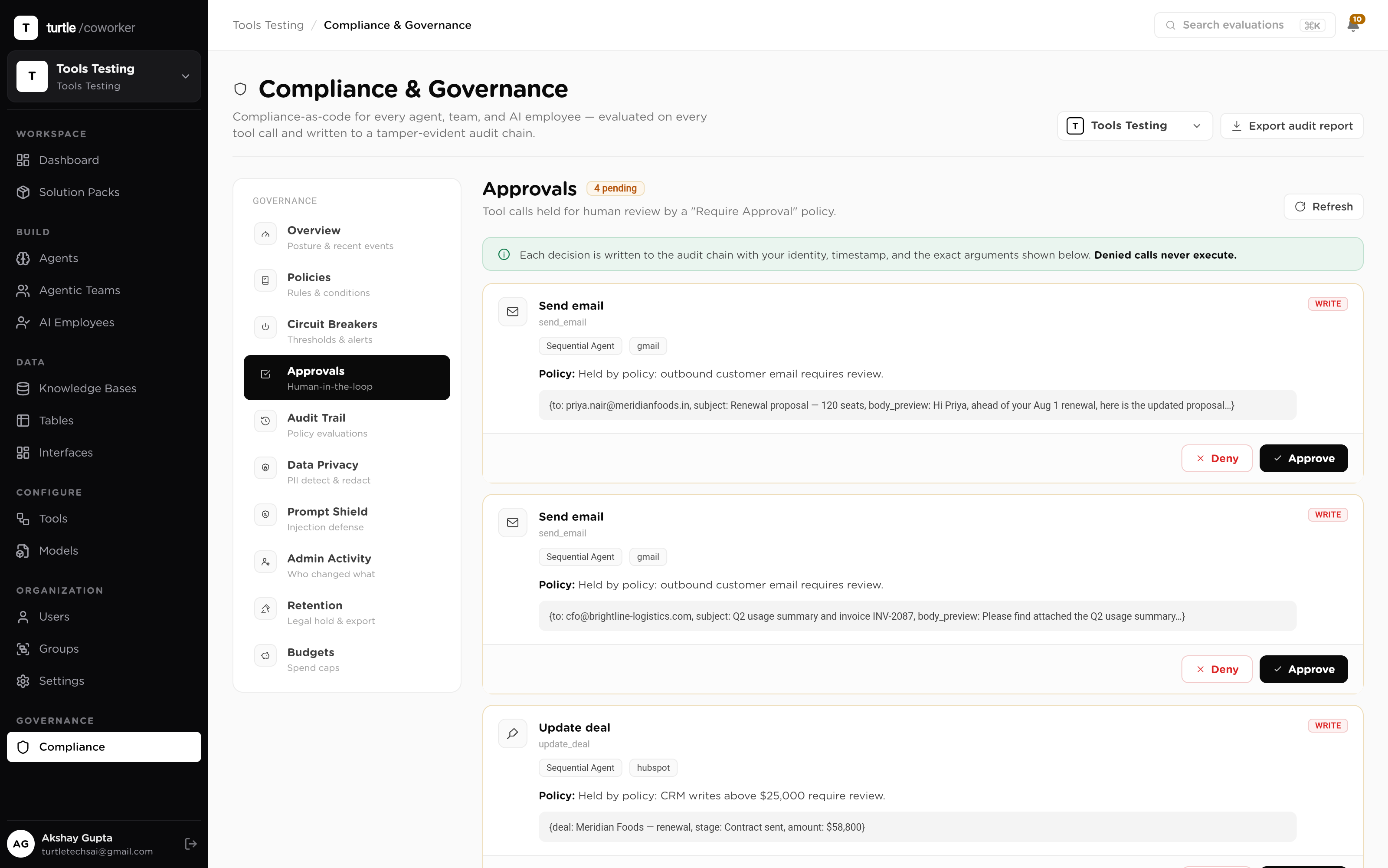 An outreach email draft held for approval: the Gmail send call, the policy rule that held it, the sanitized draft payload, and approve/deny controls