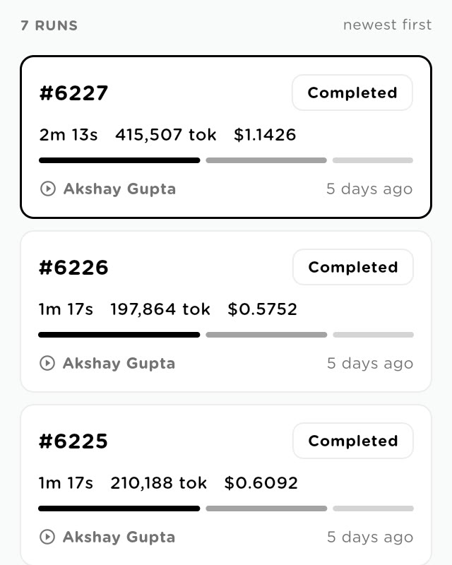 Recent runs of a sequential agent with duration, tokens and cost